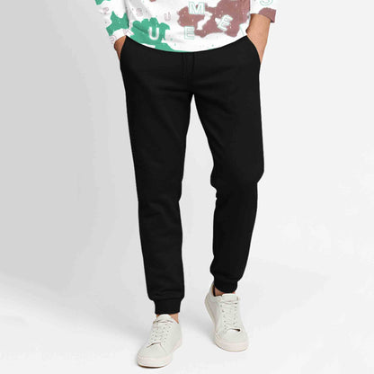 Outfit Set Full Sleeve White Hooded Printed T-shirt Matching Plain Black Trackpant