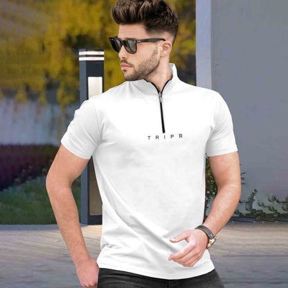Men White Half Sleeve High Neck Quarter Zip T-Shirt