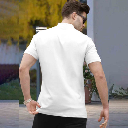Men White Half Sleeve High Neck Quarter Zip T-Shirt