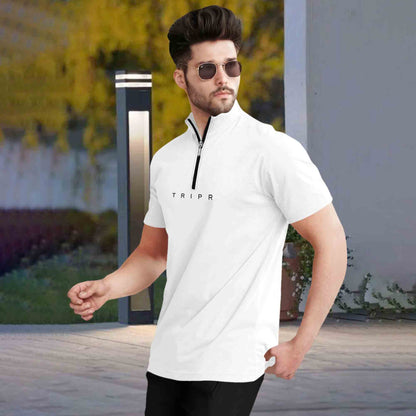 Men White Half Sleeve High Neck Quarter Zip T-Shirt