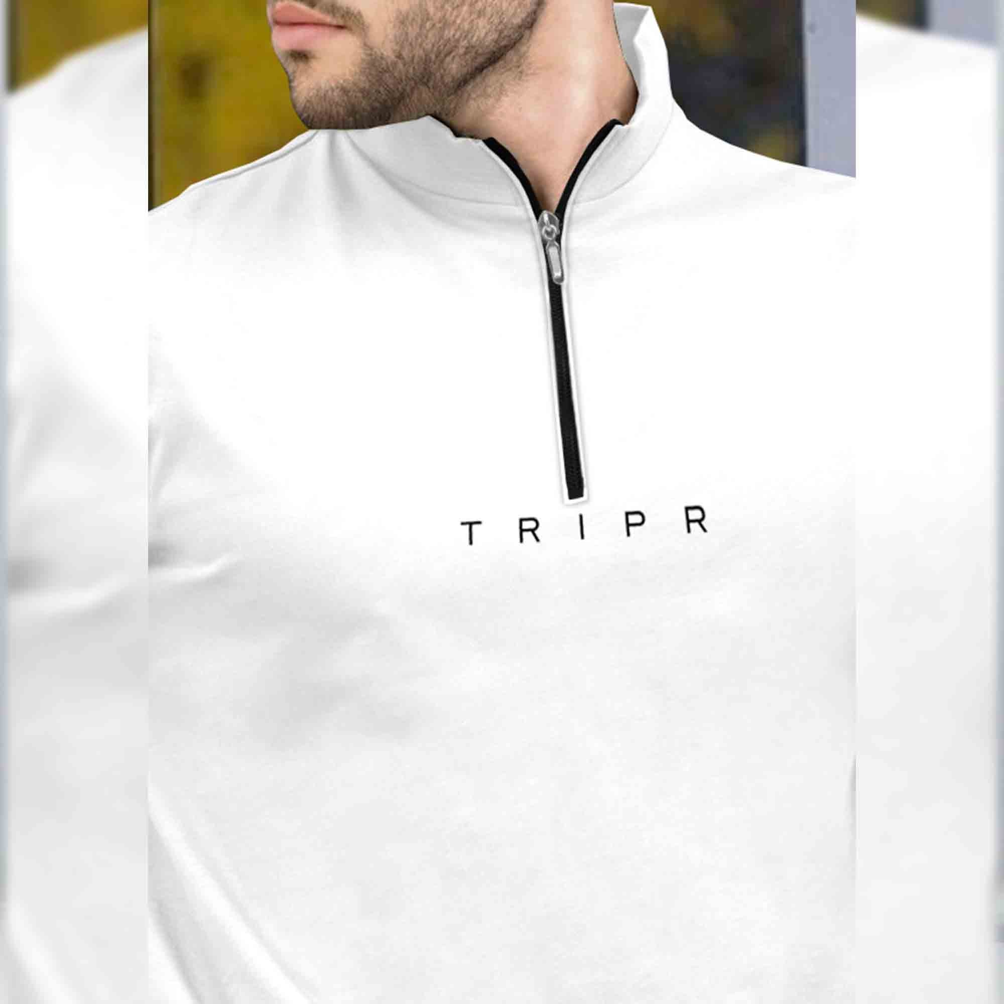 Men White Half Sleeve High Neck Quarter Zip T-Shirt