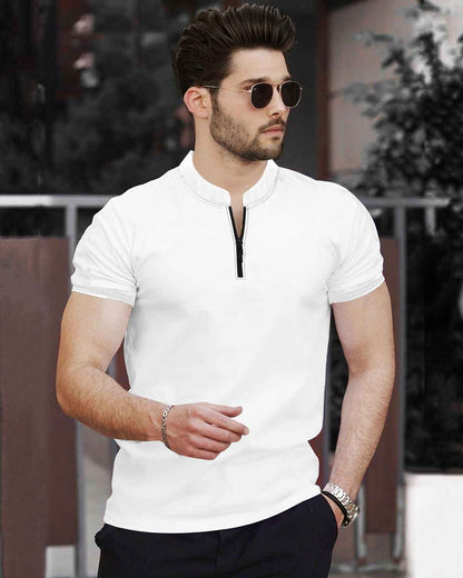 Half Sleeve Henley Neck Zip Type Plain White T-shirt