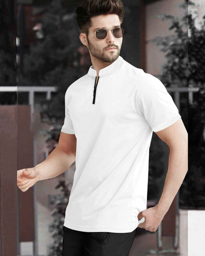 Half Sleeve Henley Neck Zip Type Plain White T-shirt
