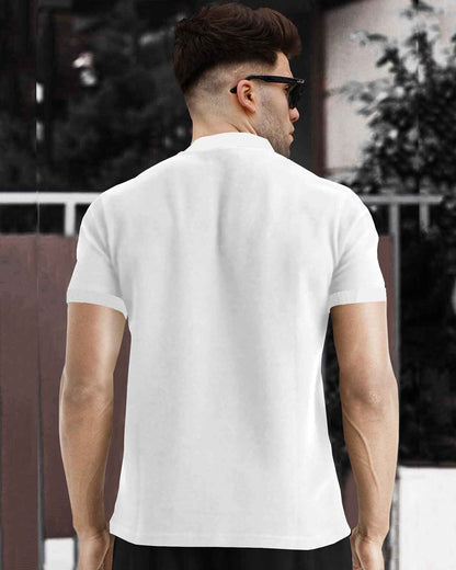 Half Sleeve Henley Neck Zip Type Plain White T-shirt