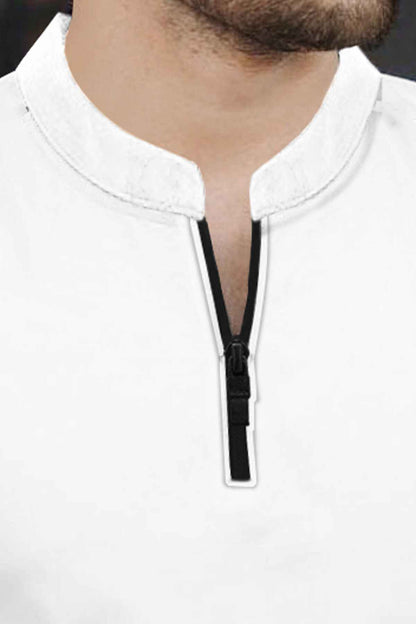 Half Sleeve Henley Neck Zip Type Plain White T-shirt