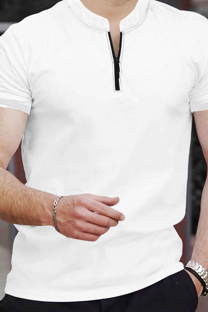 Half Sleeve Henley Neck Zip Type Plain White T-shirt