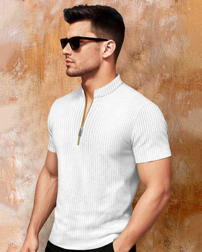 Men Half Sleeve Solid Henley Neck White Cotton Blend T-Shirt