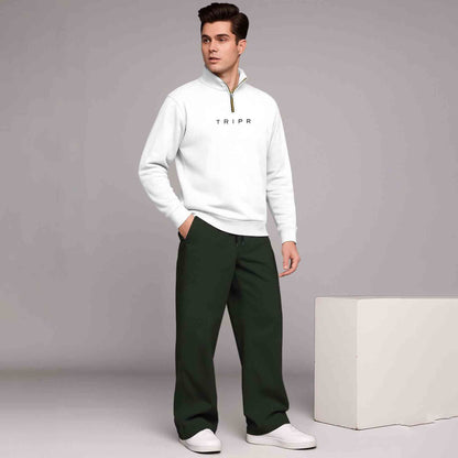 White Printed High Neck Sweatshirt &Olive Plain Baggy Pant