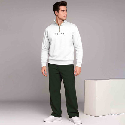 White Printed High Neck Sweatshirt &Olive Plain Baggy Pant