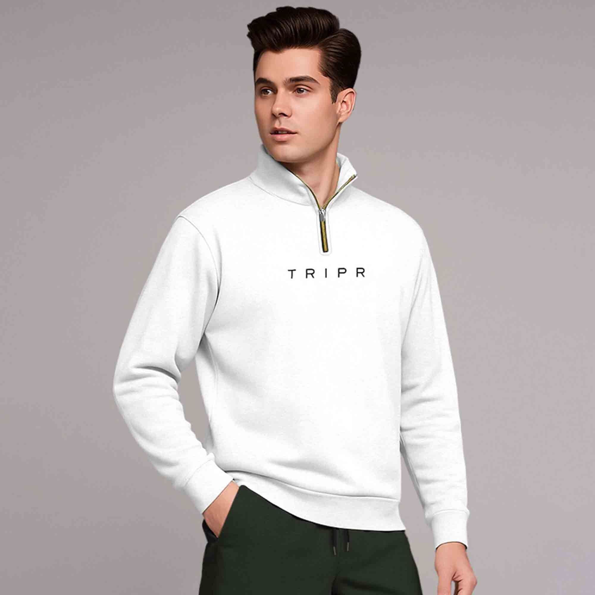 White Printed High Neck Sweatshirt &Olive Plain Baggy Pant