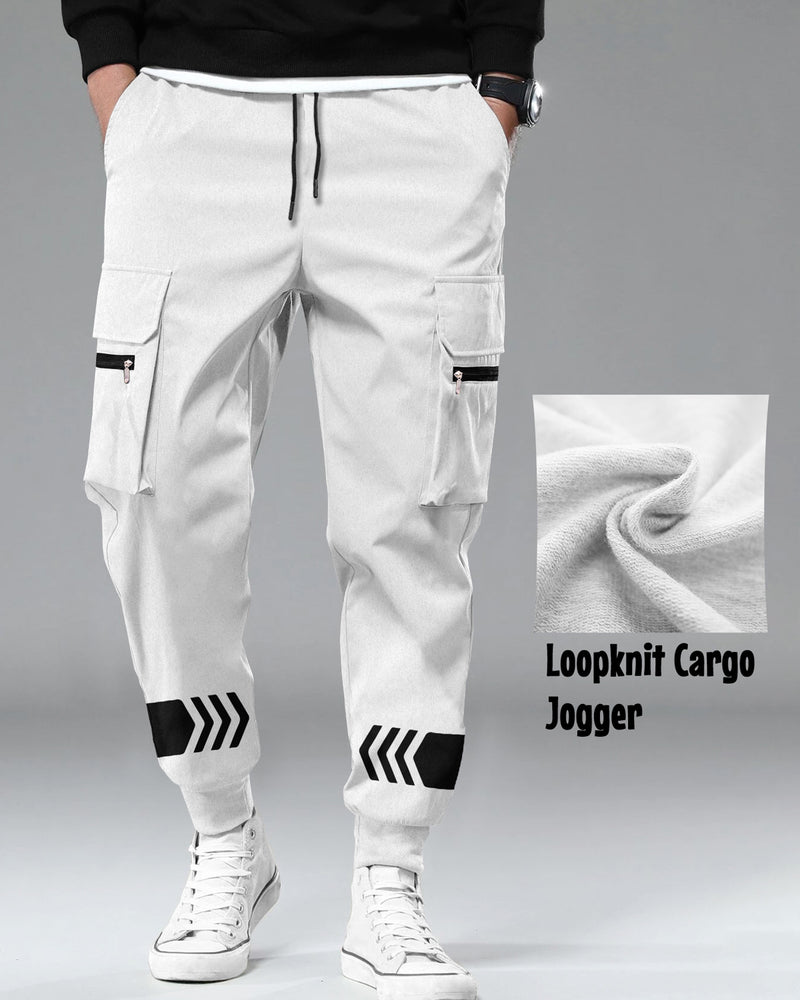 mens white loopknit cargo jogger