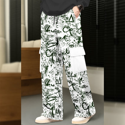Men All Over Printed Multi Pockets White Cargo Jogger