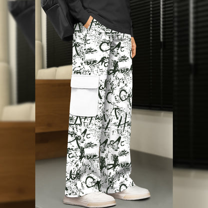 Men All Over Printed Multi Pockets White Cargo Jogger