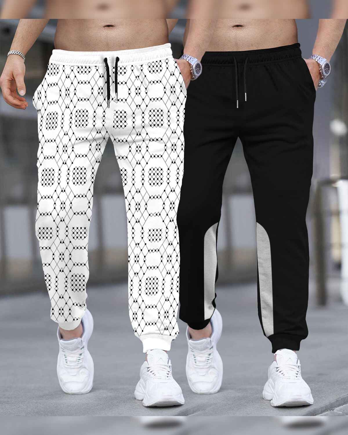 (Pack Of 2) Men All Over Printed White & Black Trackpants