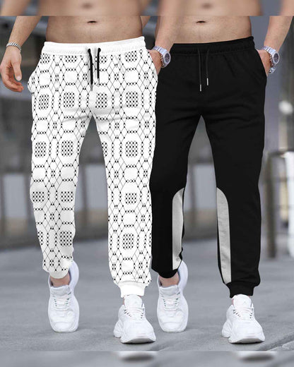 (Pack Of 2) Men All Over Printed White & Black Trackpants