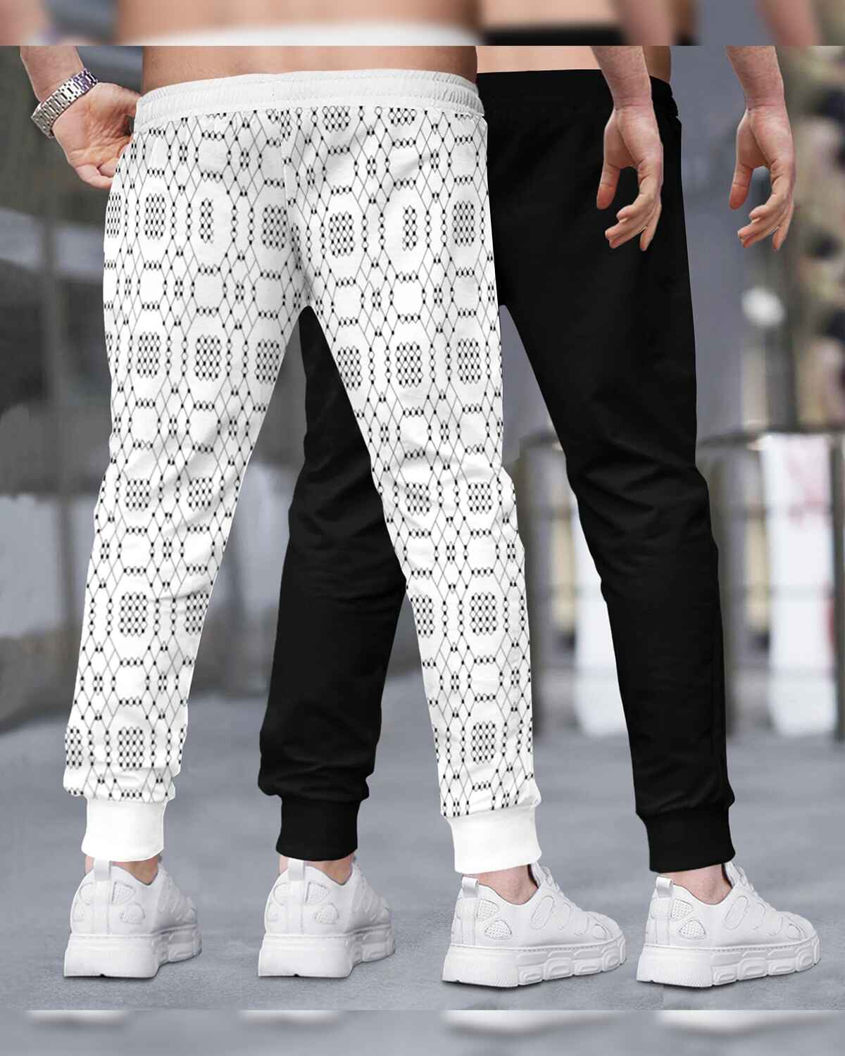 (Pack Of 2) Men All Over Printed White & Black Trackpants