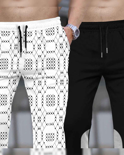 (Pack Of 2) Men All Over Printed White & Black Trackpants