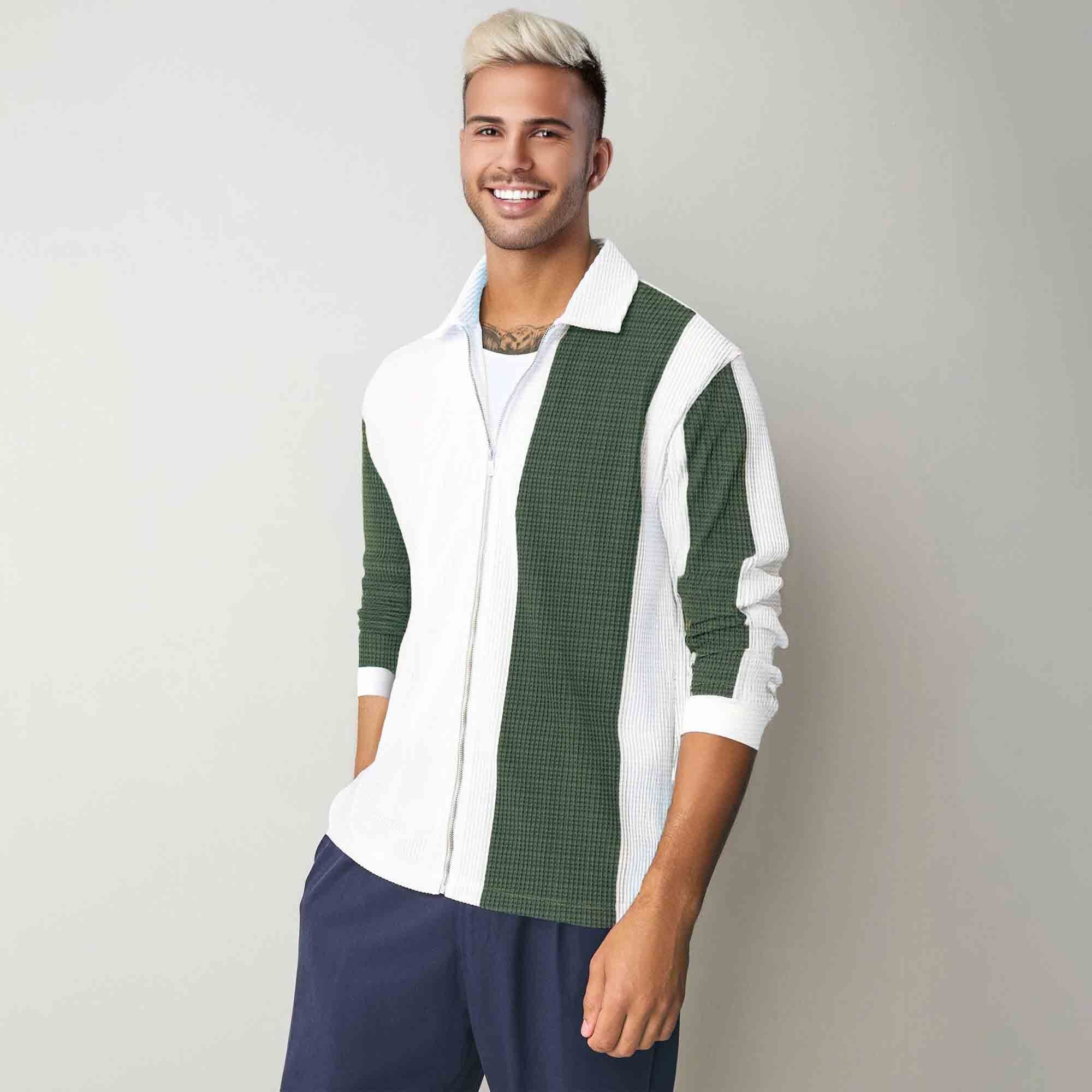 Mens Regular Fit Striped Casual Zipper Shirt White & Olivegreen