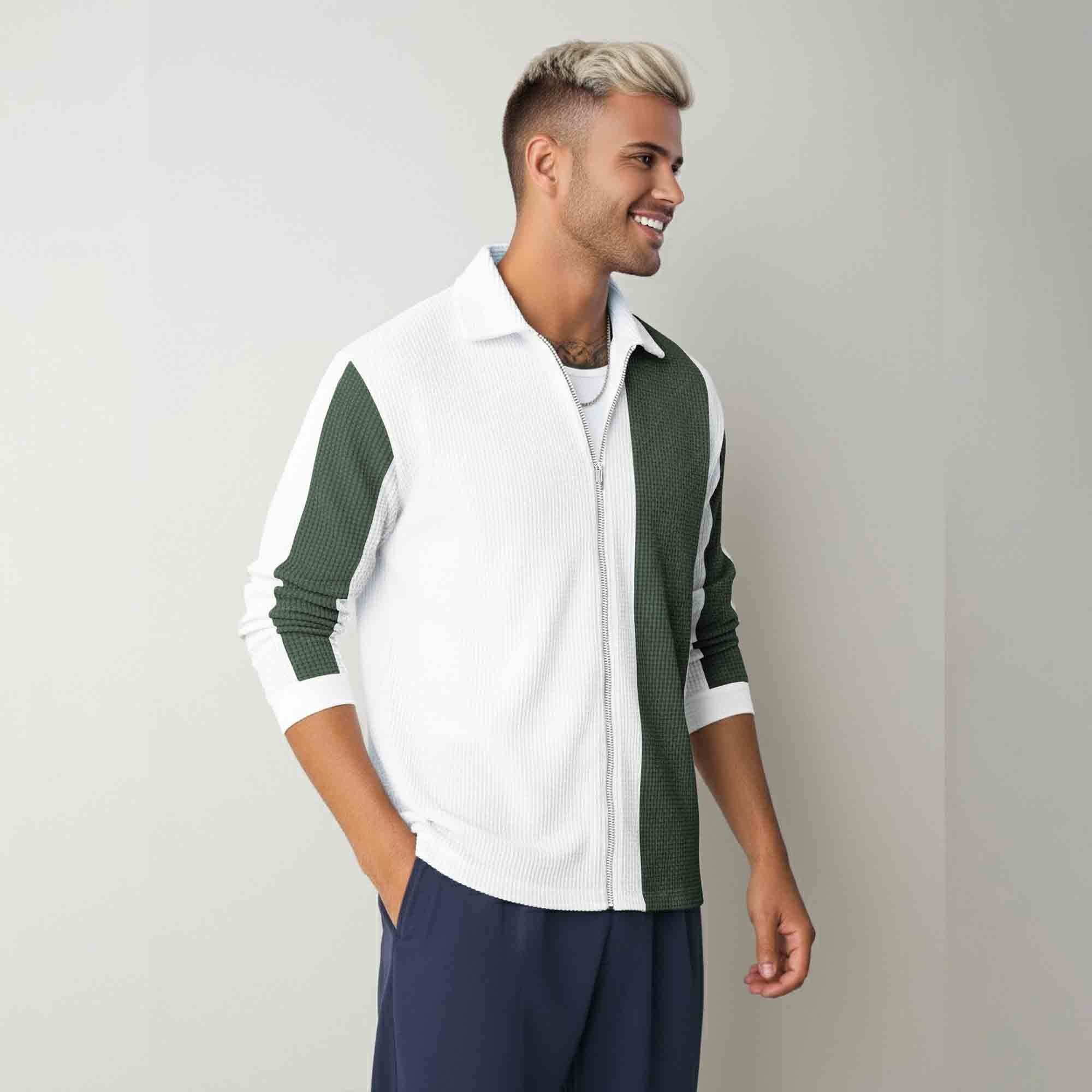 Mens Regular Fit Striped Casual Zipper Shirt White & Olivegreen