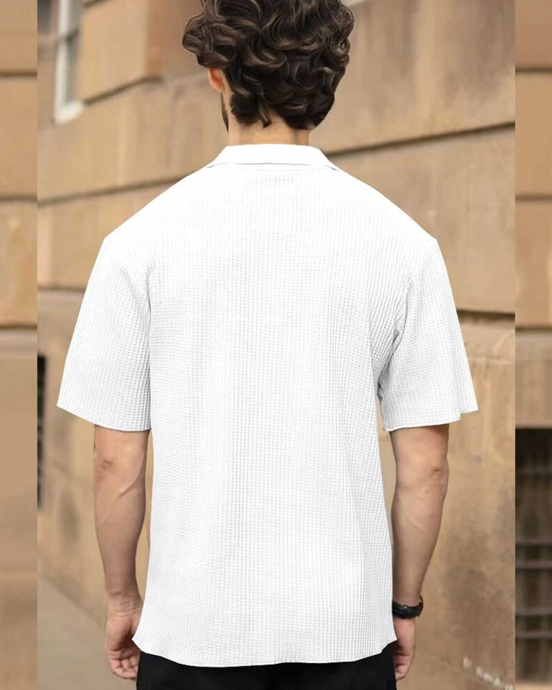 Men Textured White Half Sleeve Double Pocket Waffle T-shirt