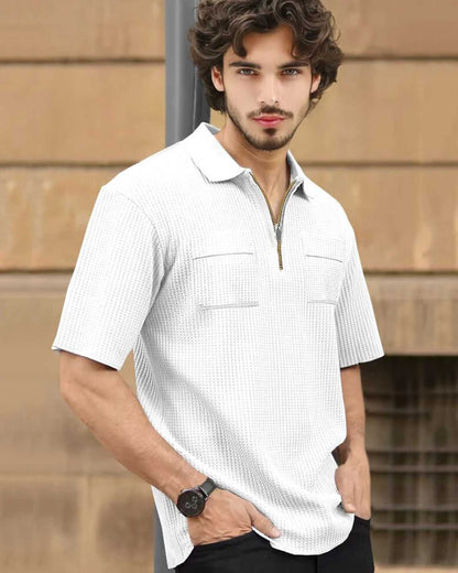 Men Textured White Half Sleeve Double Pocket Waffle T-shirt