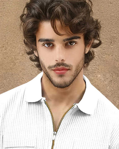 Men Textured White Half Sleeve Double Pocket Waffle T-shirt