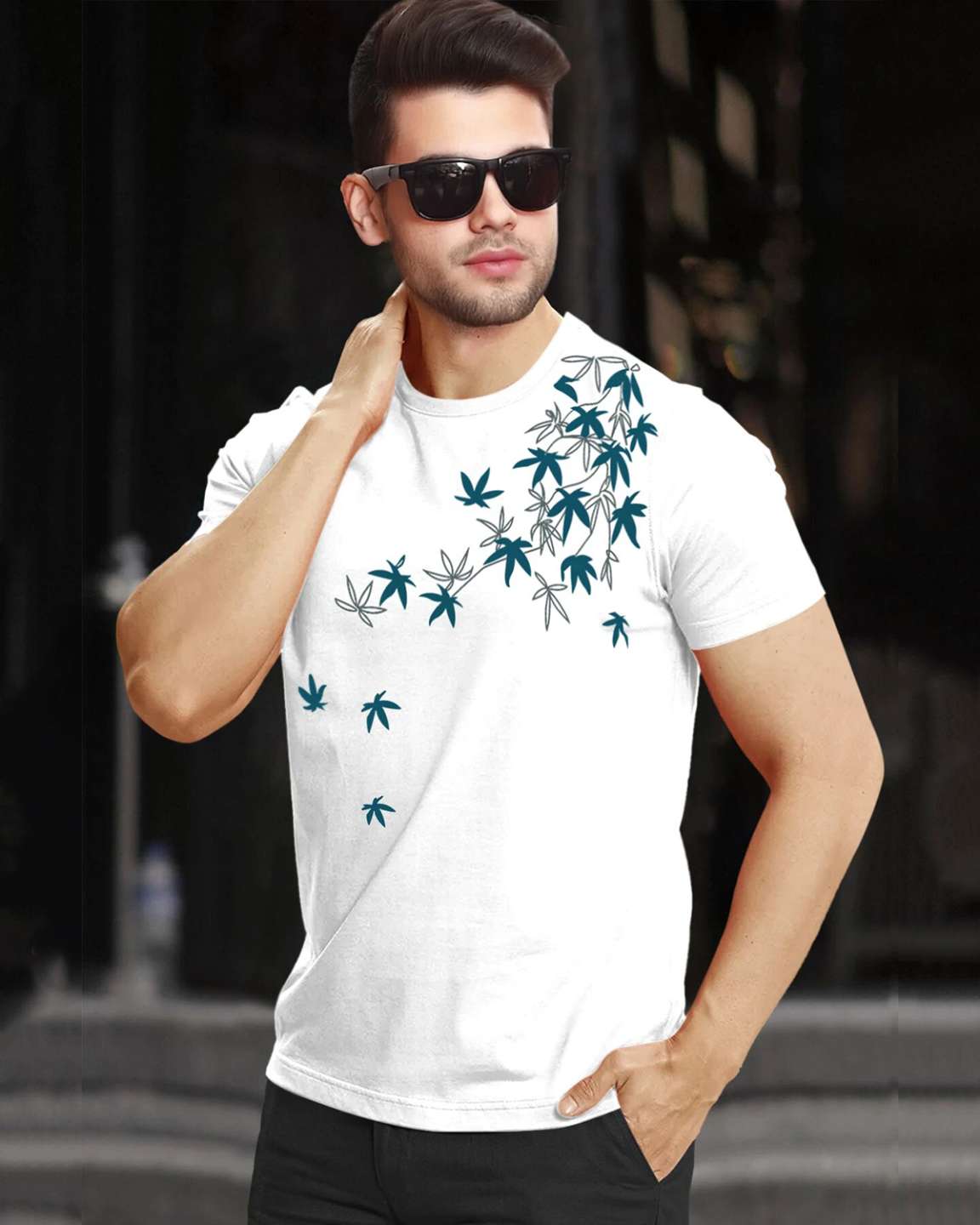 Feather Printed Half Sleeve Round Neck Mens T-shirt / White