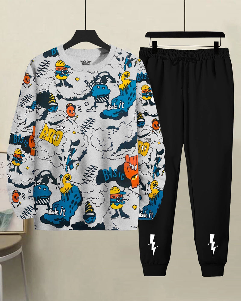 Tracksuit | Comic Strip Printed White T-shirt & Black Jogger Pant