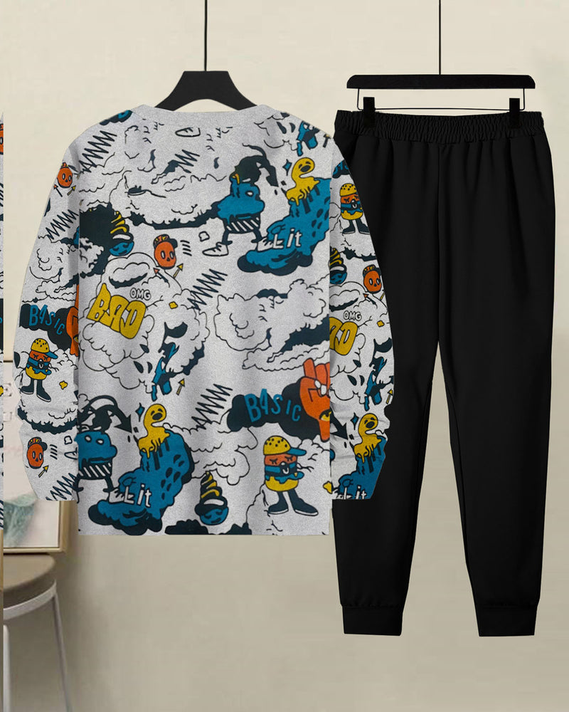 Tracksuit | Comic Strip Printed White T-shirt & Black Jogger Pant