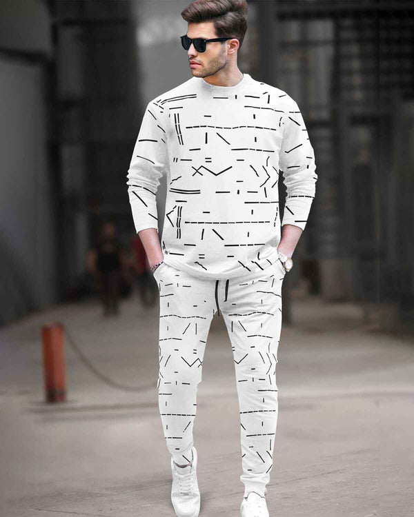 Tracksuit For Men - Full Sleeve White T-shirt / White Printed Trackpant