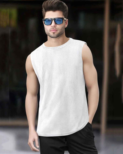 Men Casual Round Neck Plain White Waffle Vest