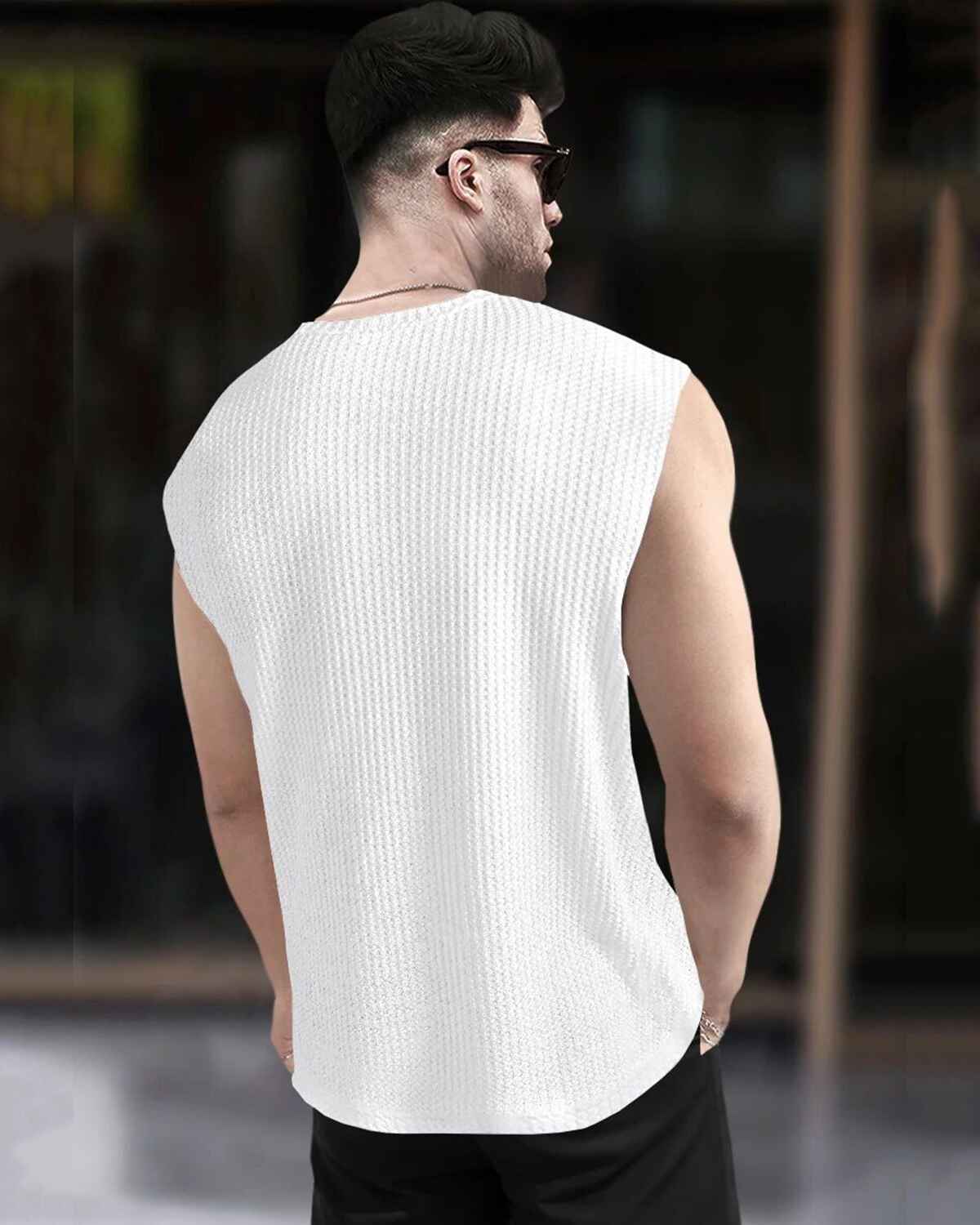 Men Casual Round Neck Plain White Waffle Vest