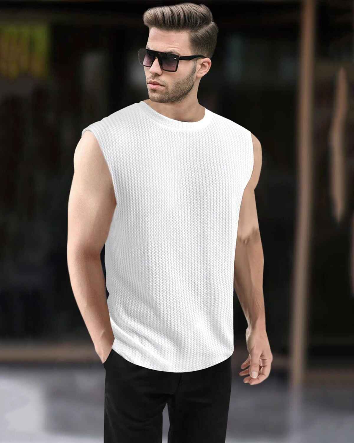 Men Casual Round Neck Plain White Waffle Vest