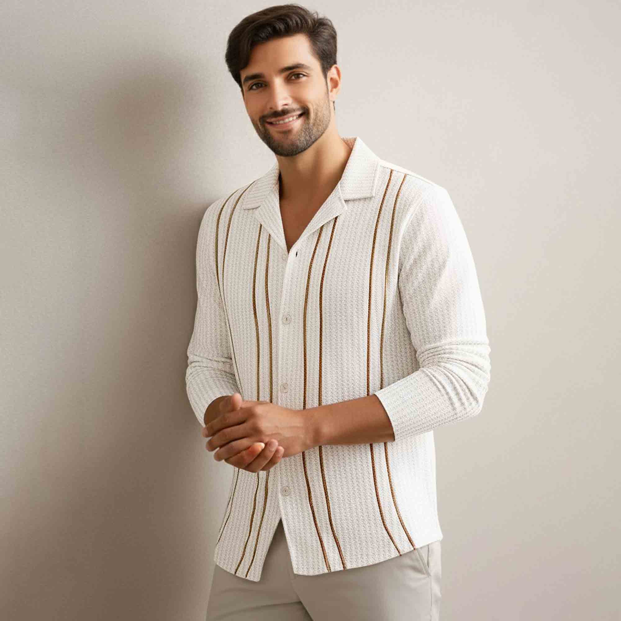 Mens Textured Pattren Full Sleeve White Shirt