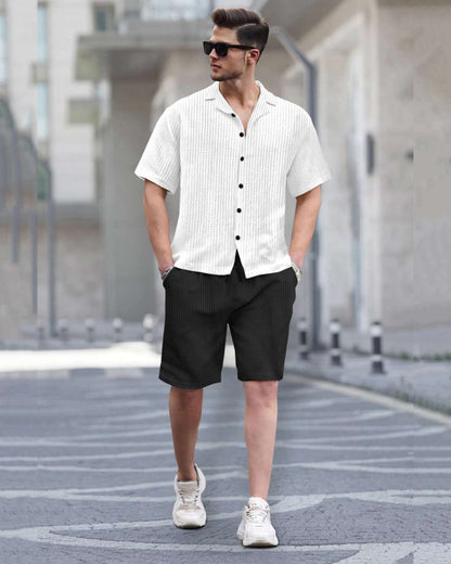 Track Suit Half Sleeve Plain Waffle White Shirt with Plain Waffle Shorts  Black