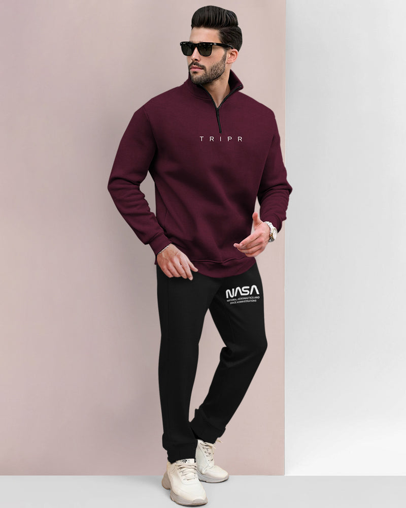 Men Winter Tracksuit - Maroon Zipper High Neck Sweatshirt & Black Track Pant