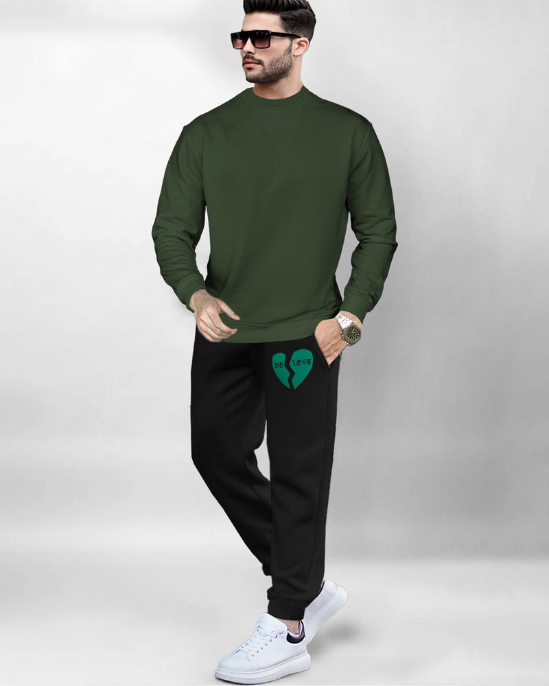 Men Winter Tracksuit - OliveGreen Sweatshirt & Black Track Pant