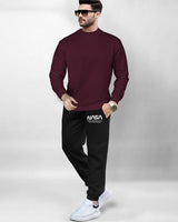 Men Winter Tracksuit - Solid Maroon Sweatshirt & Black Track Pant