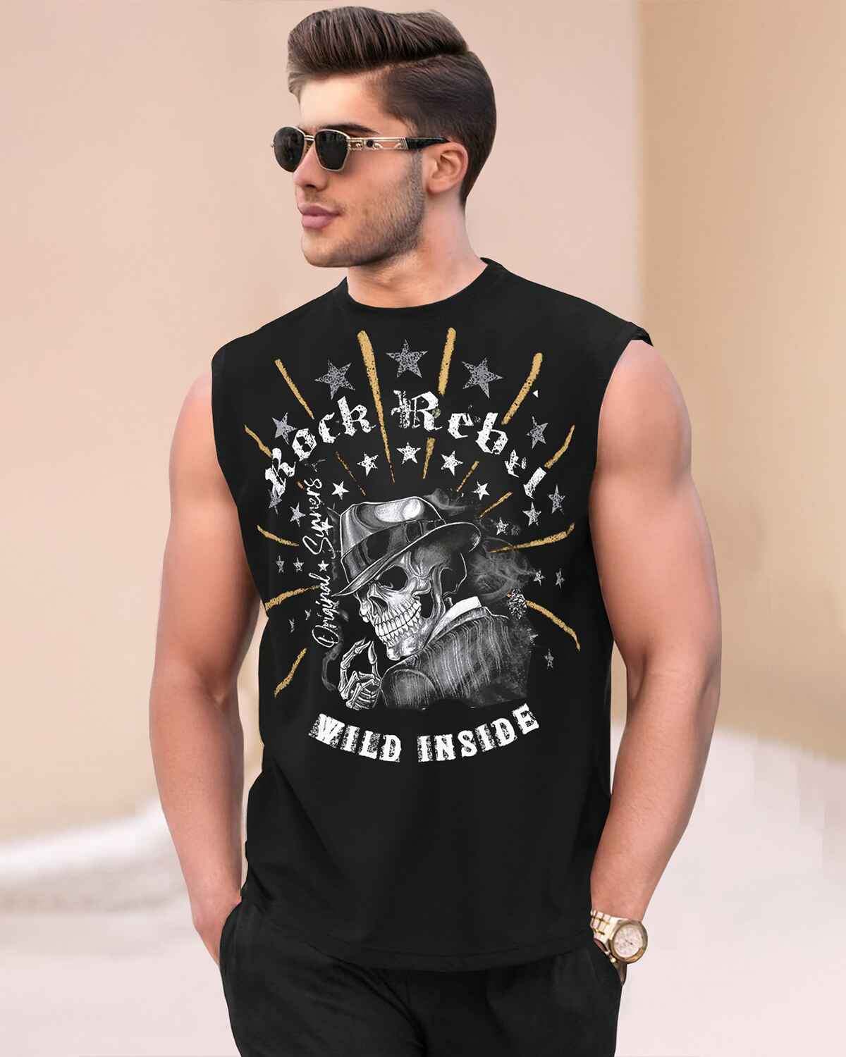 Men Casual Black Printed Top Tank