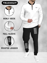 (White & Black Tracksuit) Full Sleeve Henley Neck T-shirt with Jogger Pant