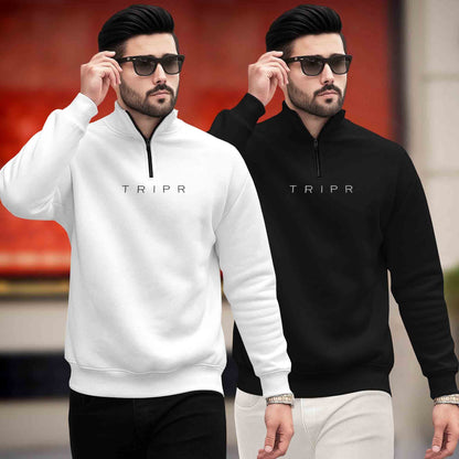 (Pack of 2) Mens Plain High Neck Sweatshirts White & Black