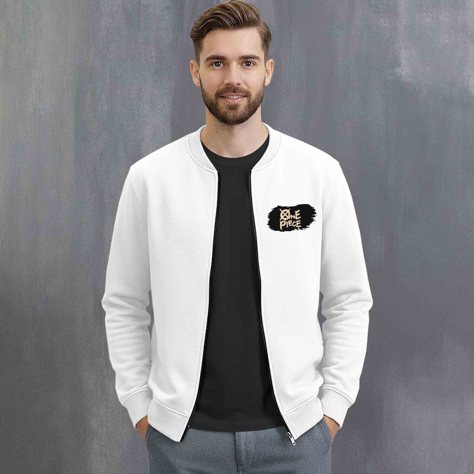 Mens Trendy Anime Design Printed Round Neck Jacket White