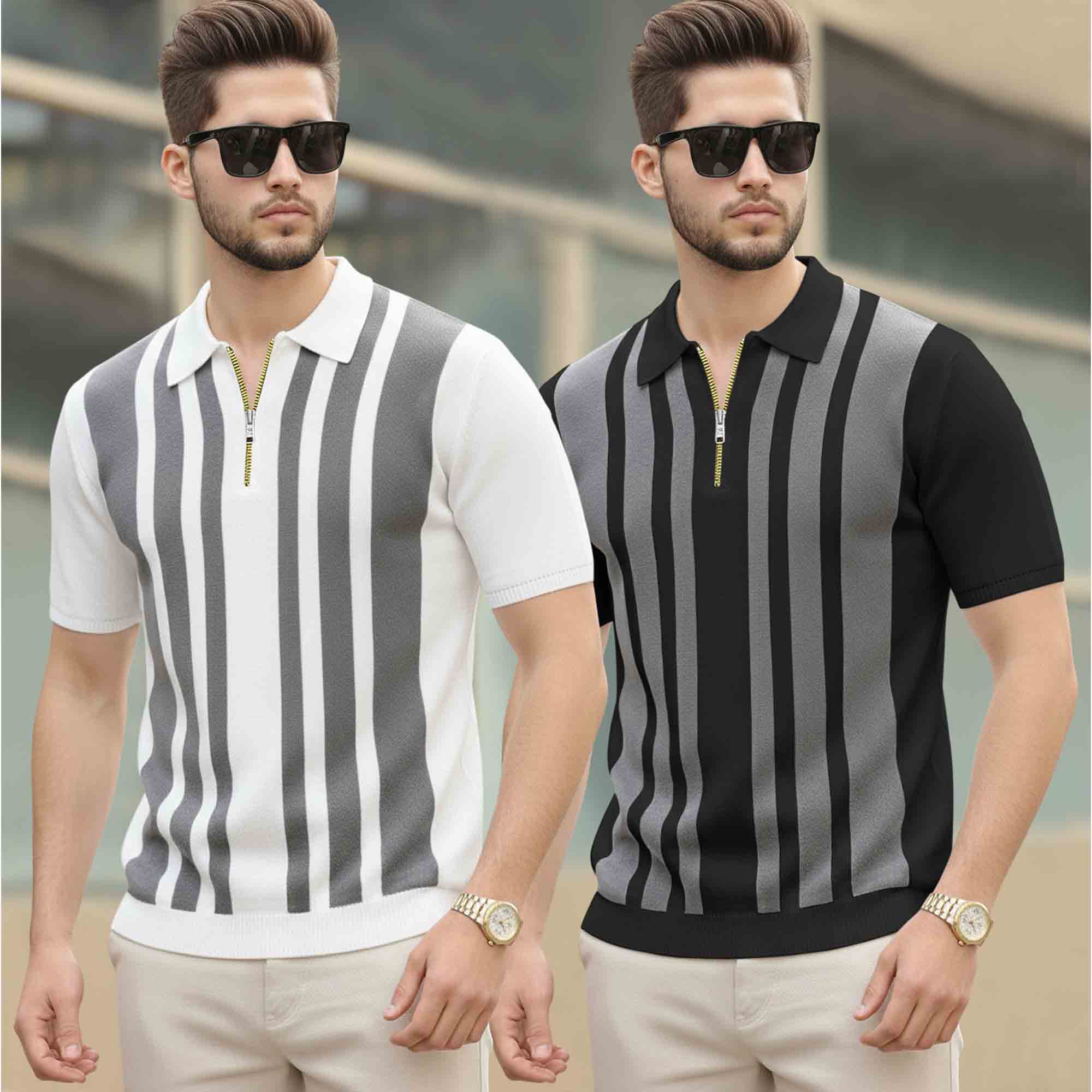 (Pack Of 2) Quarter Zip Polo Neck Printed Tshirts - 12 Variants