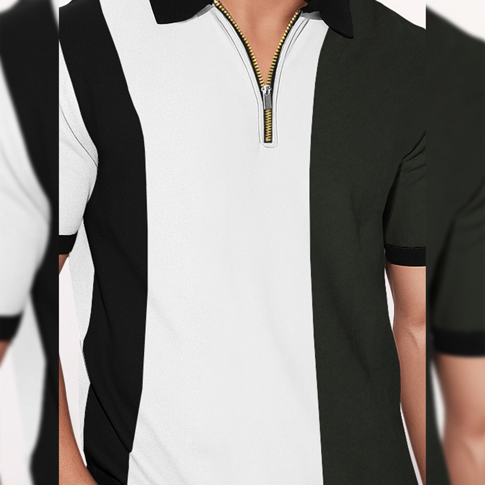 Half Sleeve Contrast Coller Quarter Zip Polo T-shirt Multicolor