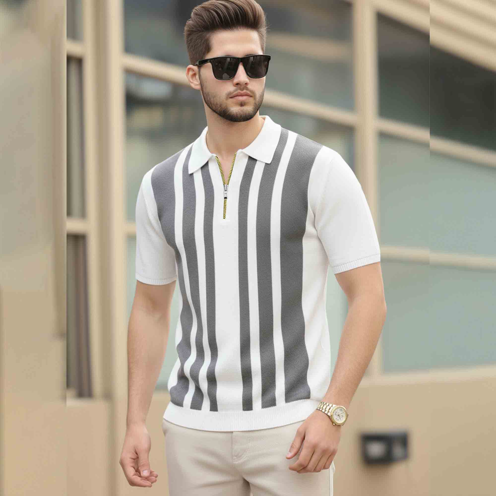 Men Quarter Zip Polo Neck Vertical Striped Half Sleeve T-shirt White