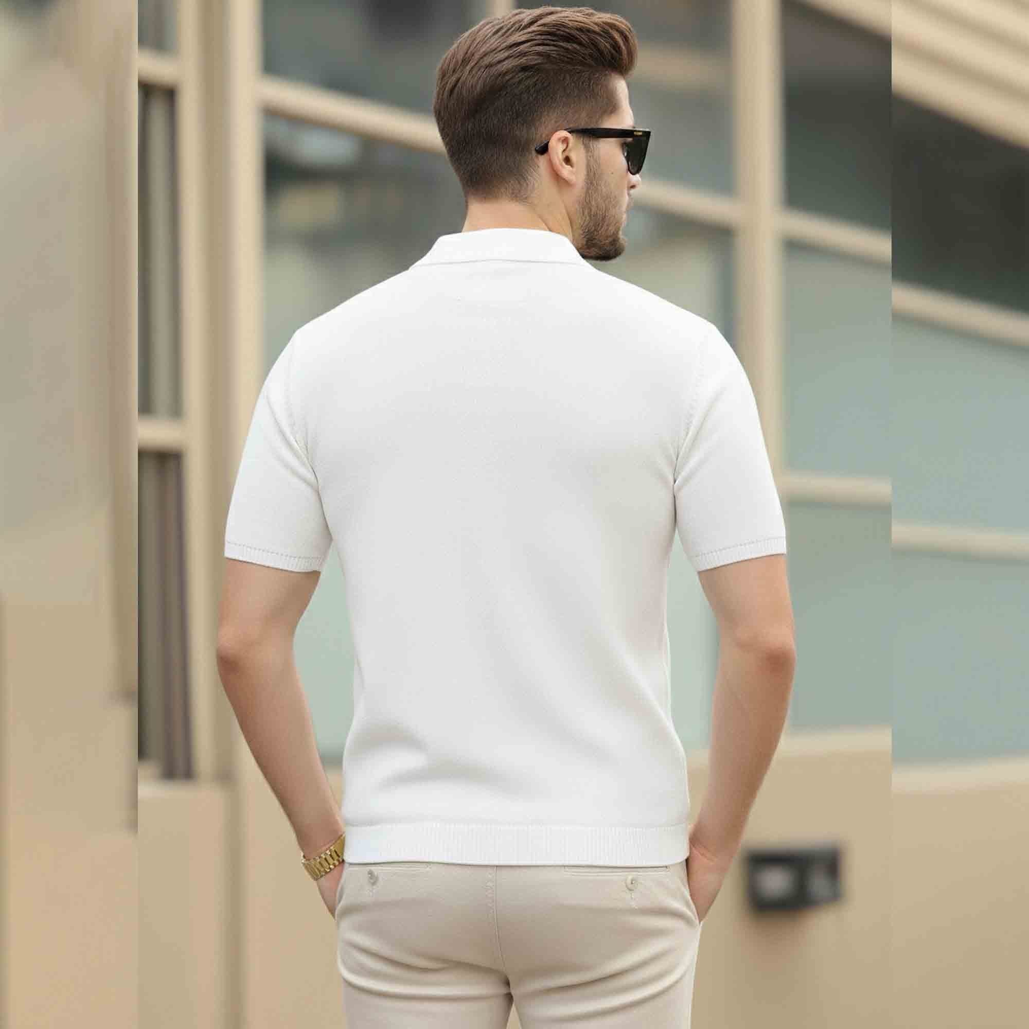 Men Quarter Zip Polo Neck Vertical Striped Half Sleeve T-shirt White