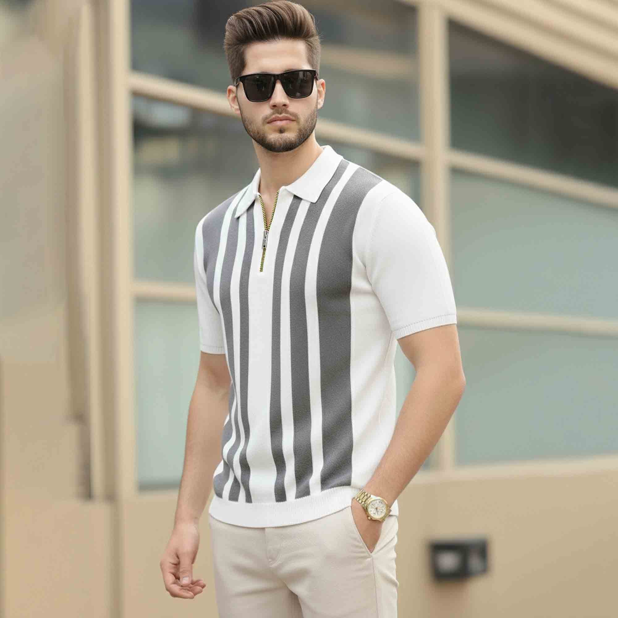 Men Quarter Zip Polo Neck Vertical Striped Half Sleeve T-shirt White