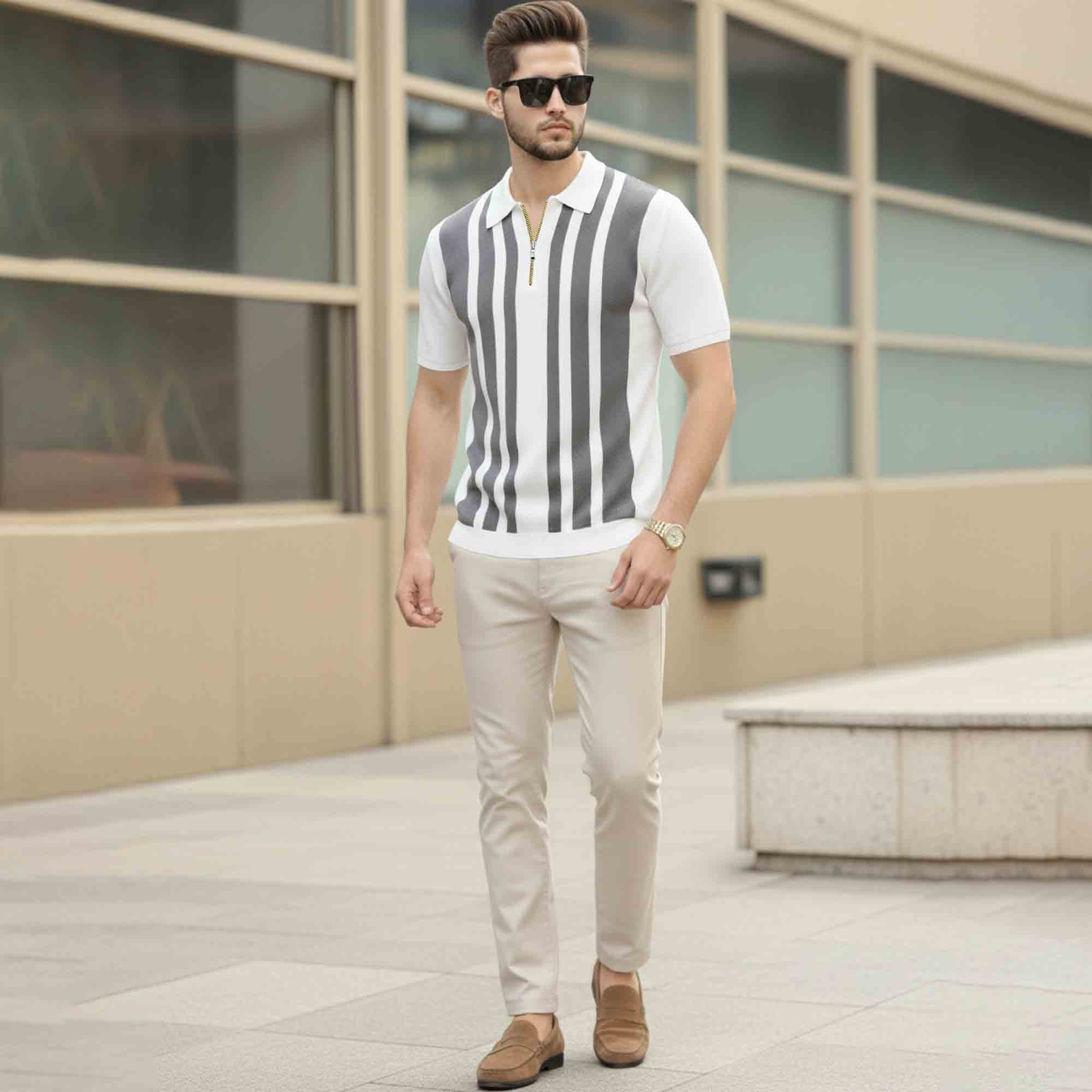 Men Quarter Zip Polo Neck Vertical Striped Half Sleeve T-shirt White