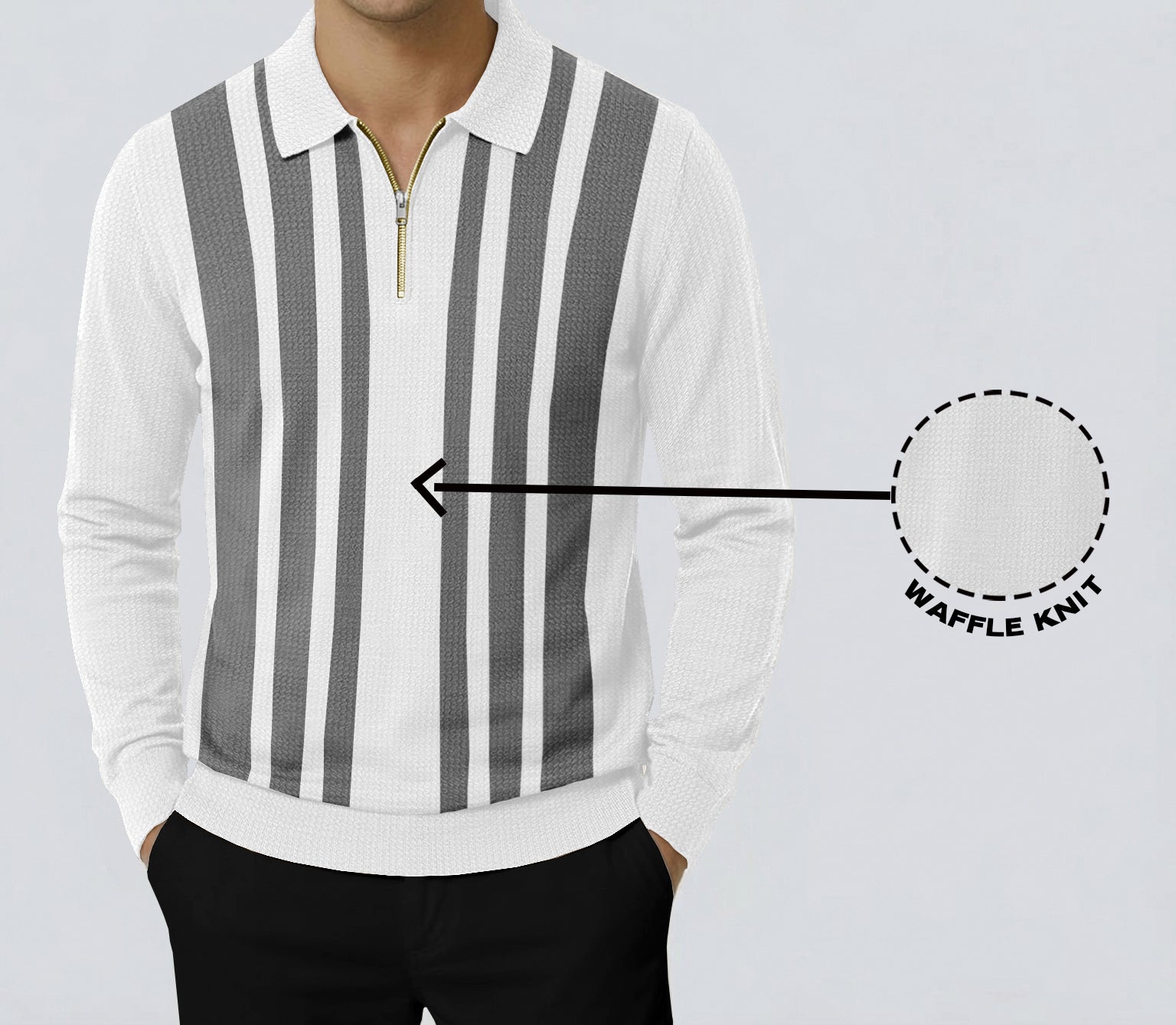 Men Quarter Zip Polo Neck Vertical Striped Full Sleeve T-shirt