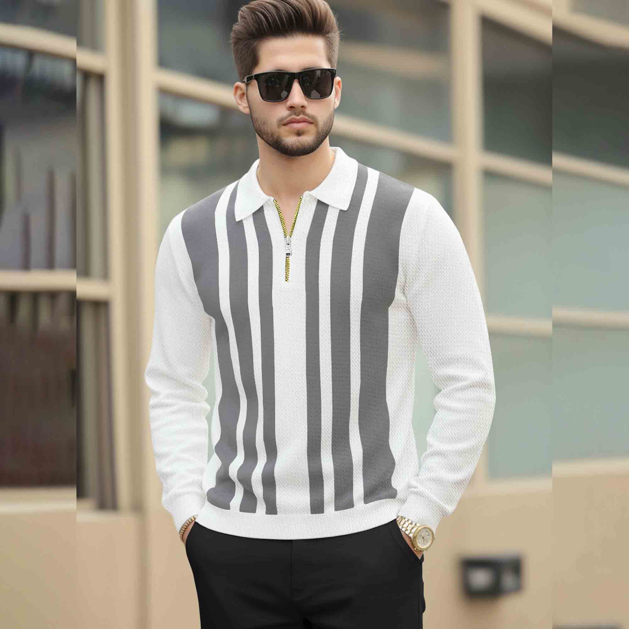 Men Quarter Zip Polo Neck Vertical Striped Full Sleeve T-shirt White